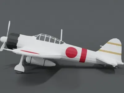 Low Poly Cartoon Mitsubishi A6M Zero WWII Airplane Low-poly 3D model