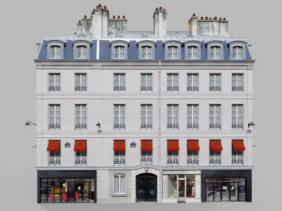Parisian building with awnings Low-poly 3D model