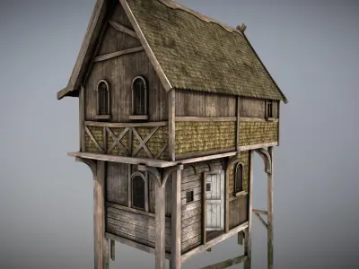 Medieval Lake Village - House 1 with interiors Low-poly 3D model