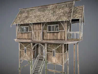 Medieval Lake Village - House 3 with interiors Low-poly 3D model