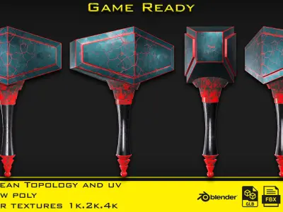 3 Stylized mini hammer - Game ready Low-poly 3D model