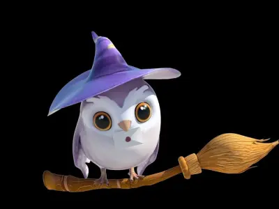 Cartoon owl- magic messenger with flying broom 3D model
