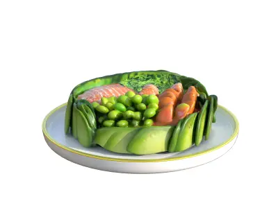 Poke Cake Bowl Salad Bar Sushi Bowl  brocoli tuna fish fruits Low-poly 3D model