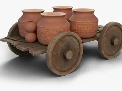 Wooden Cart With Pots Low-poly 3D model