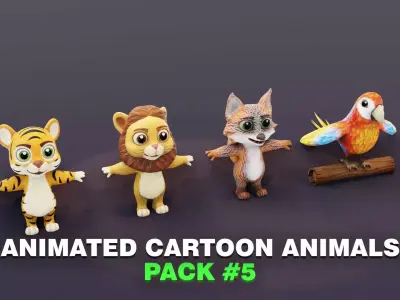 Tiger Lion Grey Fox Ara Parrot Pack 3D Model Low-poly 3D model