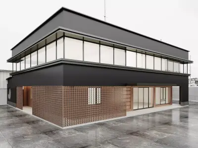 Modern Japandi Cafe Exterior with Wood Lattice Corridor 3D model