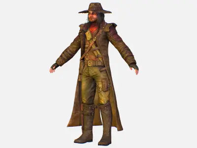Man Cowboy Leather Coat Wide-Brimmed Hat Game Character Low-poly 3D model
