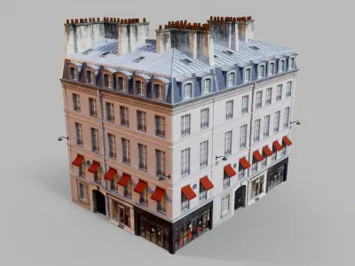 Parisian building with awnings Low-poly 3D model