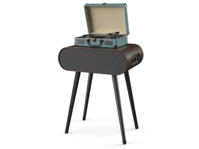 Portable Suitcase Turntable on Wooden Speaker Stand 3D model