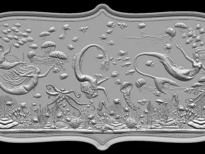 Aquatic Mermaid Theme Panno v4 STL for CNC Relief engraving 3D model