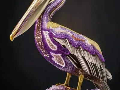 Gemstone Pelican Opulent Bird Sculpture Amethyst Base Low-poly 3D model