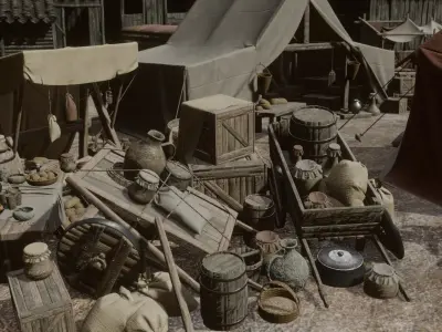 Highly detailed busy medieval town square with market stalls Low-poly 3D model