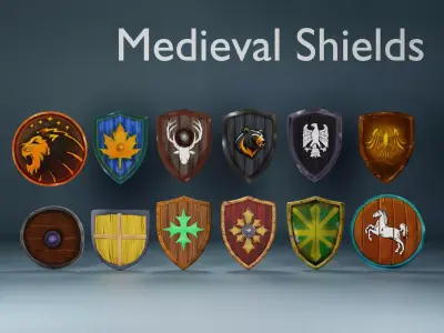 12 Stylized Medieval Shields Low-poly 3D model