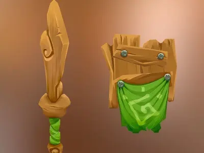 Shield and Sword -- hand painted  Low-poly 3D model