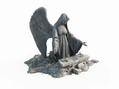 Ancient sculpture of angel with folded wings 3D model