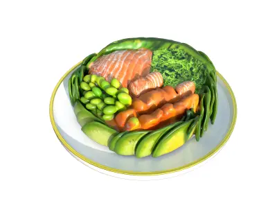 Poke Cake Bowl Salad Bar Sushi Bowl  brocoli tuna fish fruits Low-poly 3D model