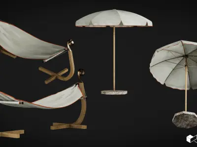 Pool Set - Sunbed and Umbrella Low-poly 3D model