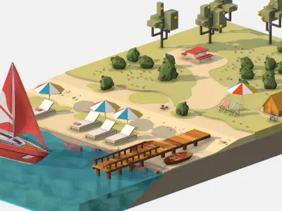 Red Yacht Scene MotorBoat Red Low-poly 3D model