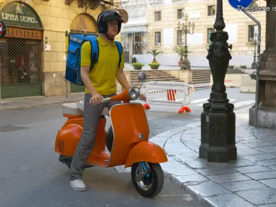 Delivery Man on Retro Scooter Standing 3D model