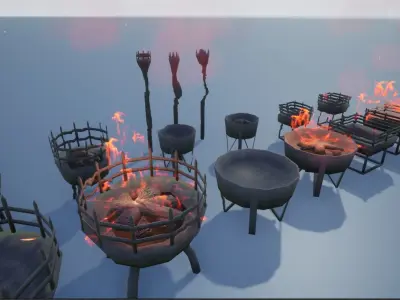 Medieval Iron Firepit and Torch Low-poly 3D model
