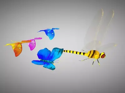 Animated dragon fly and butterfly 3D model