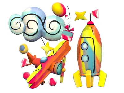 Cartoon 3D illustration Aircraft Rocket Toy Low-poly 3D model