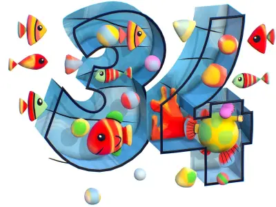 Cartoon 3D illustration Number 3 4 Fish Low-poly 3D model