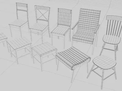 3D classic wooden chairs and stools Free 3D model