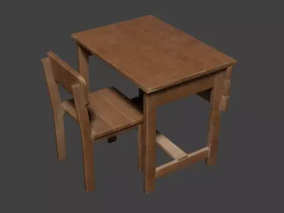 Old wooden school table and chair Free low-poly 3D model