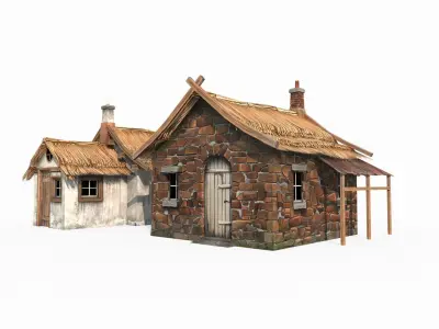 Hand drawn medieval architecture with two thatched cottages 3D model