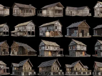 1 - 40 OLD MEDIEVAL BUILDINGS PACK 4K Textures GameReady Low-poly 3D model