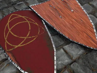 Medieval round shield with a cross and genuine leather straps Low-poly 3D model