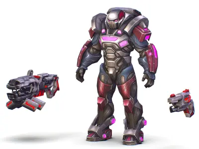 Cartoon Sci-Fi Cyborg Drone Heavy Machine Gunner Low-poly 3D model