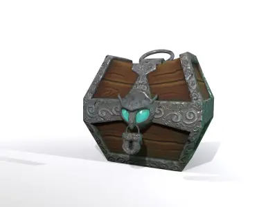 Stylized fantasy wooden treasure chest with owl padlock PBR Low-poly 3D model