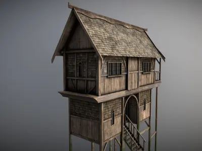 Medieval Lake Village - House 3 with interiors Low-poly 3D model
