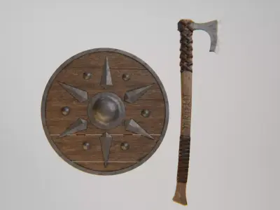 VIKING  SHIELD AND AXE Low-poly 3D model