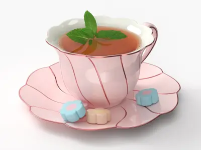 Mint Tea in Pink Porcelain Cup with Marshmallows 3D model