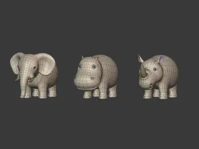 Cartoon Animals Pack - Elephant --Rhinoceros -- Hippopotamus Low-poly 3D model