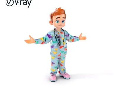 Pediatric Dino Doctor Character Model with Colorful Scrubs Low-poly 3D model