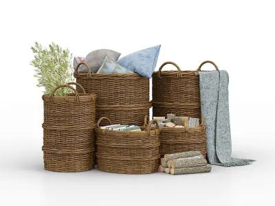 basket wicker baskets with pillows and towels 3D model