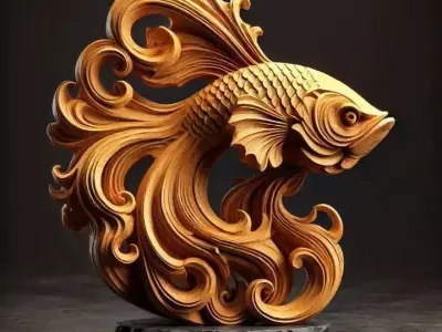 Golden Wood Carved Koi Fish Sculpture Ornate AsianInspired Art Low-poly 3D model