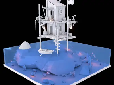 Seashack blender file with water material Low-poly 3D model