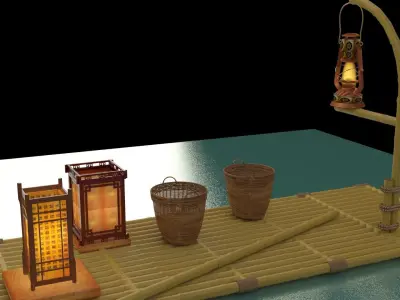 Chinese fishing raft wirh oil lantern  3D model