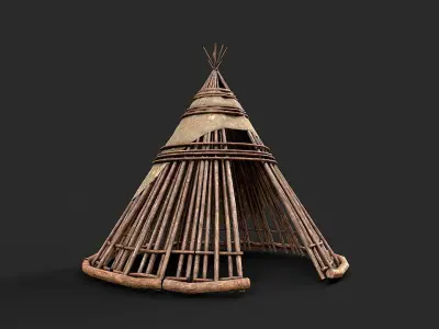 Primitive Wood and Fabric Tent Shelter 2 Low-poly 3D model