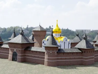Fortress brick castle in middle of field Low-poly 3D model