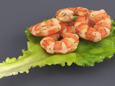 Shrimps with Dill on Lettuce Leaf 3D model