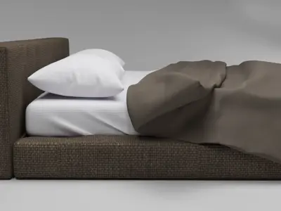 Large bed in a modern style with a blanket and pillows Free 3D model