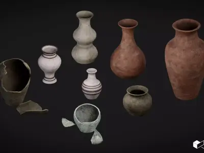 Vase Set with Broken Pieces Low-poly 3D model