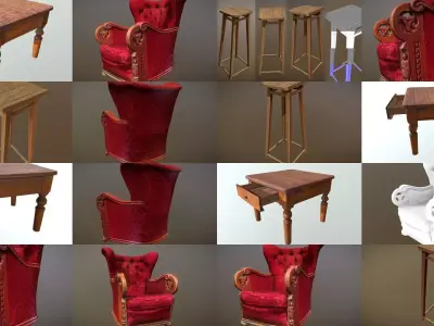 Set of old vintage furniture 3D Model Collection