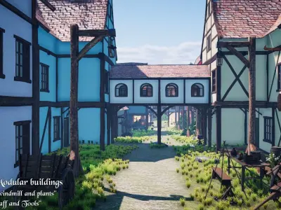 Medieval Modular City - Buildings Windmill and Environment Low-poly 3D model